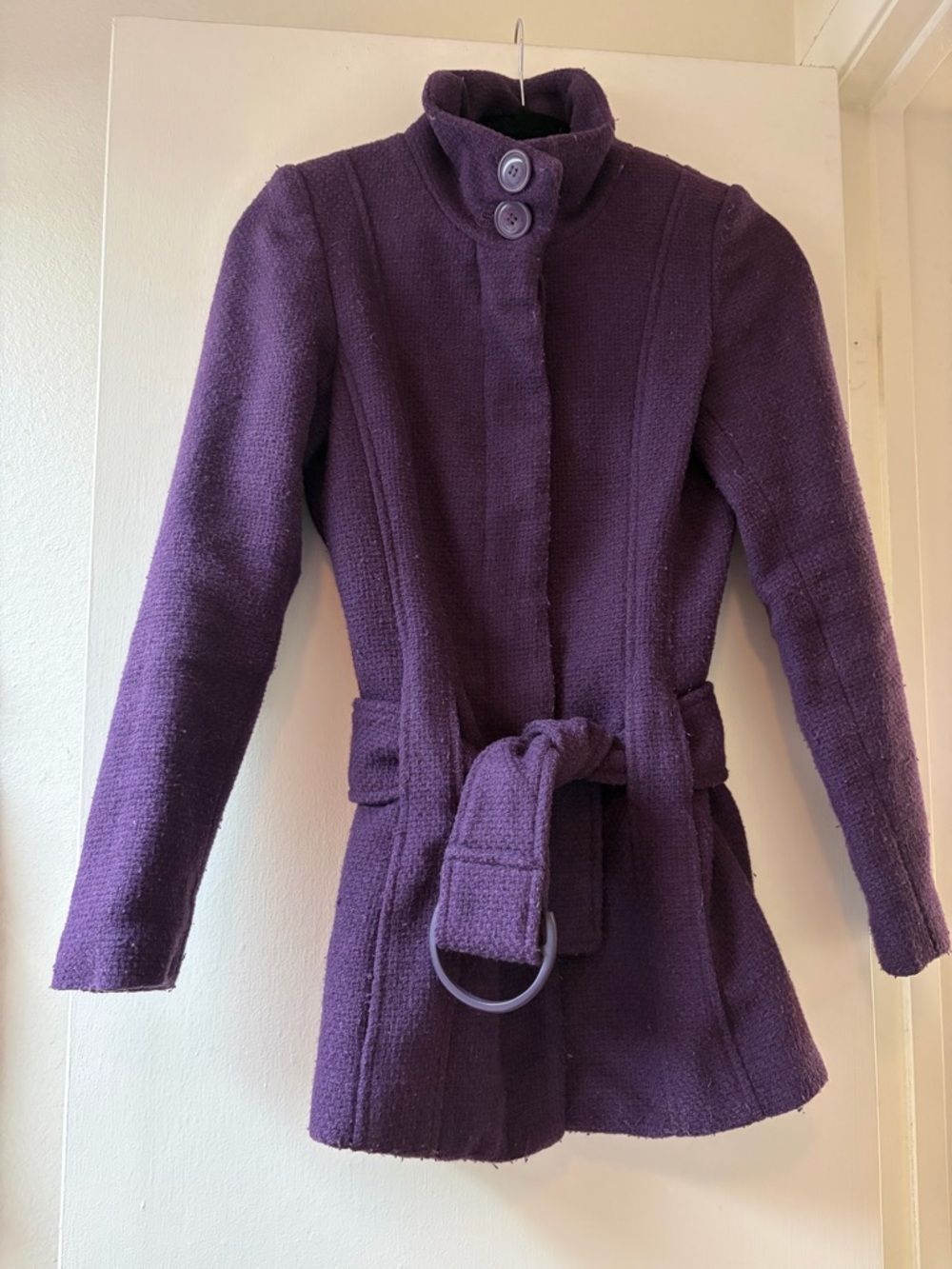 Vintage Y2K Purple Women's Belted Wool-Blend Coat